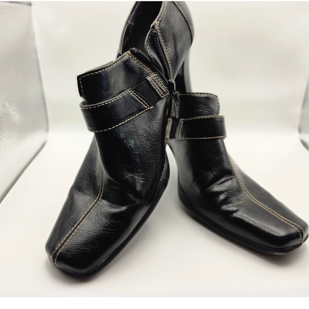 Aerosoles Black Leather Square Toe Ankle Boots Block Heel Side Zip Womens 9.5 B